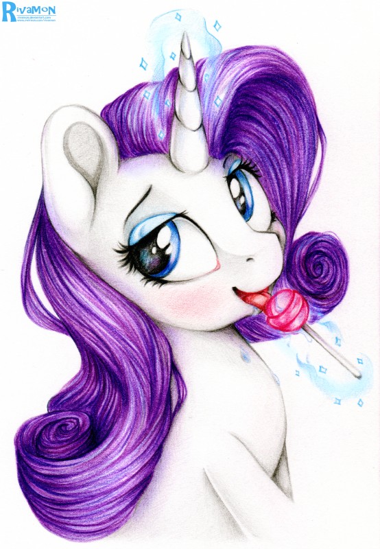 blue_eyes blue_eyeshadow candy dessert eyeshadow female feral food fur hair horn levitation licking lollipop long_hair magic magic_user makeup purple_hair simple_background solo text tongue tongue_out white_background vird-gi friendship_is_magic hasbro my_little_pony mythology rarity_(mlp) equid equine mammal mythological_creature mythological_equine unicorn 2015 absurd_res colored_pencil_(artwork) hi_res traditional_media_(artwork) url