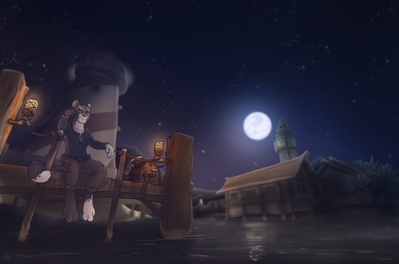 clock clock_tower clothed clothing leaning lighthouse male moon night outside sitting sky solo star starry_sky water fek fek_(character) felid mammal absurd_res cool_colors hi_res