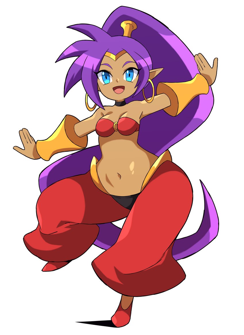 blue_eyes breasts brown_body brown_skin clothing ear_piercing ear_ring female footwear hair humanoid_pointy_ears long_hair looking_at_viewer not_furry open_mouth open_smile piercing pointy_ears ponytail pose purple_hair ring_piercing shoes simple_background smile solo abysswatchers shantae_(series) wayforward shantae genie humanoid 2023 absurd_res hi_res