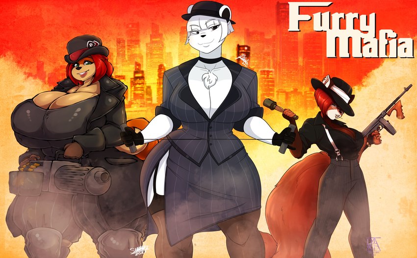 anthro breasts cleavage clothed clothing female group gun hat headgear headwear looking_at_viewer maxim ranged_weapon submachine_gun thompson_gun weapon jwinkz superix tatara94 mama_maria nadenka_(jwinkz) tuua_(tatara_arts) ailurid bear mammal polar_bear red_panda ursine hi_res