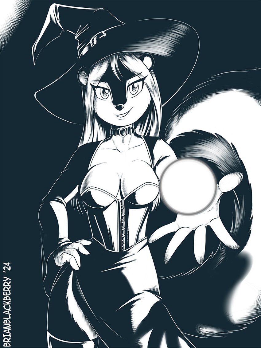 anthro breasts choker cleavage clothed clothing female hat headgear headwear jewelry magic necklace solo witch_hat brian_mcpherson vicki_(brian_mcpherson) mammal mephitid skunk 3:4 black_and_white monochrome