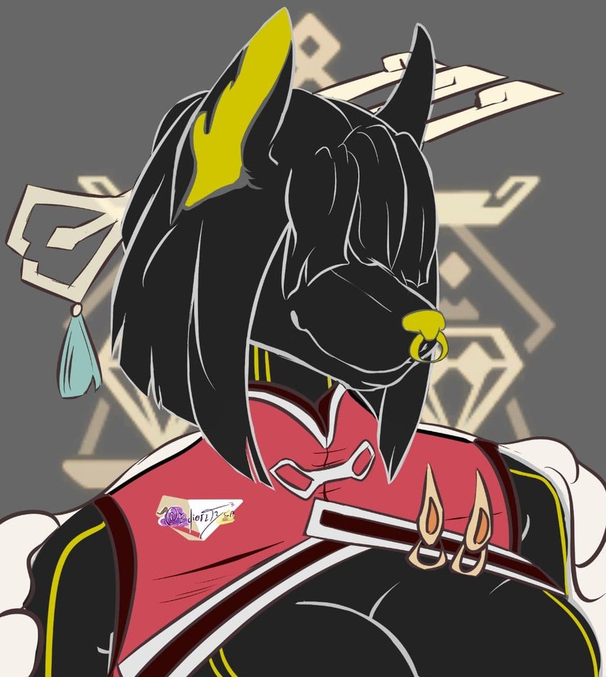 anthro breasts clothed clothing cosplay female gold_(metal) mature_female solo edioretysa egyptian_mythology genshin_impact middle_eastern_mythology mihoyo mythology anubis beidou_(genshin_impact) skailer_anube canid canine canis deity jackal mammal hi_res