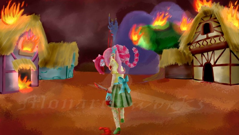 alternate_species blood blue_eyes bodily_fluids burning burning_building clothed clothing duo female fire hair humanized knife looking_at_viewer looking_back madness parody pink_hair tail village weapon kaxaks alice_in_wonderland alice_madness_returns american_mcgee's_alice friendship_is_magic hasbro my_little_pony alice_liddell cheshire_cat cheshire_cat_(mcgee) fluttershy_(mlp) pinkamena_(mlp) pinkie_pie_(mlp) cheshire_cat_(species) domestic_cat felid feline felis human mammal 2011 crossover signature watermark