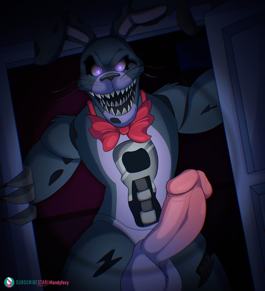 anthro balls big_penis blue_body bodily_fluids erection exposed_endoskeleton genital_fluids genitals glowing glowing_eyes hook humanoid_genitalia humanoid_penis hybrid_genitalia machine male penis purple_eyes sharp_teeth solo teeth tongue mandyfoxy five_nights_at_freddy's five_nights_at_freddy's_4 scottgames nightmare_bonnie_(fnaf) animatronic lagomorph leporid mammal rabbit robot absurd_res digital_media_(artwork) hi_res