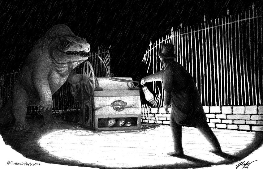 alternate_form alternate_species alternate_universe ambiguous_gender carriage claws clothing destruction escape female fence feral group hat headgear headwear lamp lantern male night raining sharp_teeth teeth top_hat trio jed_taylor_(artist) flare_scene_(meme) jurassic_park universal_studios alan_grant dinosaur human mammal megalosaurid megalosaurus prehistoric_species reptile scalie theropod black_and_white hi_res monochrome