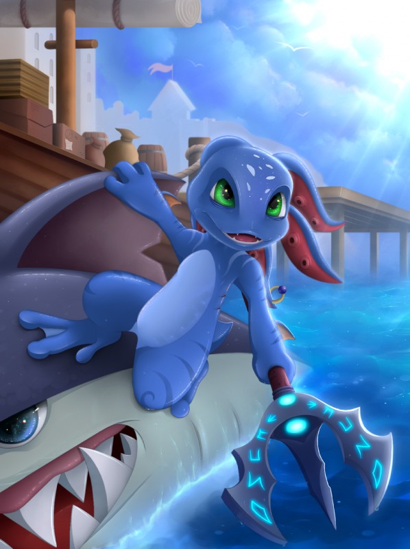 anthro blue_body blue_eyes blue_skin cloud duo green_eyes light outside sun swimming teeth tongue water weapon meraence league_of_legends riot_games tencent fizz_(lol) longtooth avian bird fish marine shark yordle hi_res