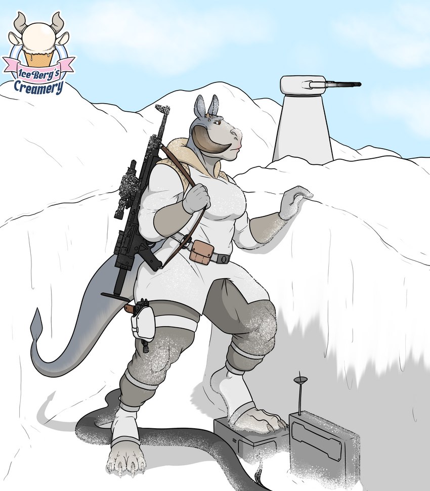 anthro belt_pouch clothed clothing coat female gun holstered_pistol hoth machine ranged_weapon snow solo standing topwear turret weapon 1ceberg star_wars mammal tauntaun absurd_res hi_res