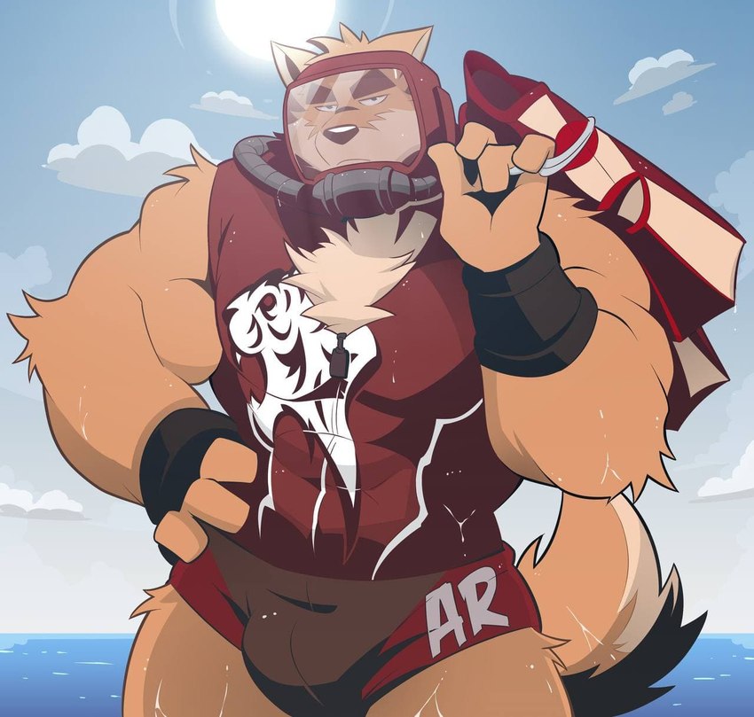 anthro beach biceps bikini chest_tuft clothed clothing detailed_background fur male mask muscular muscular_anthro muscular_male outside seaside sky solo swimwear tan_body tan_fur tuft two-piece_swimsuit water wristband glaucosilva hikazedragon yutari otake canid canine canis domestic_dog mammal hi_res