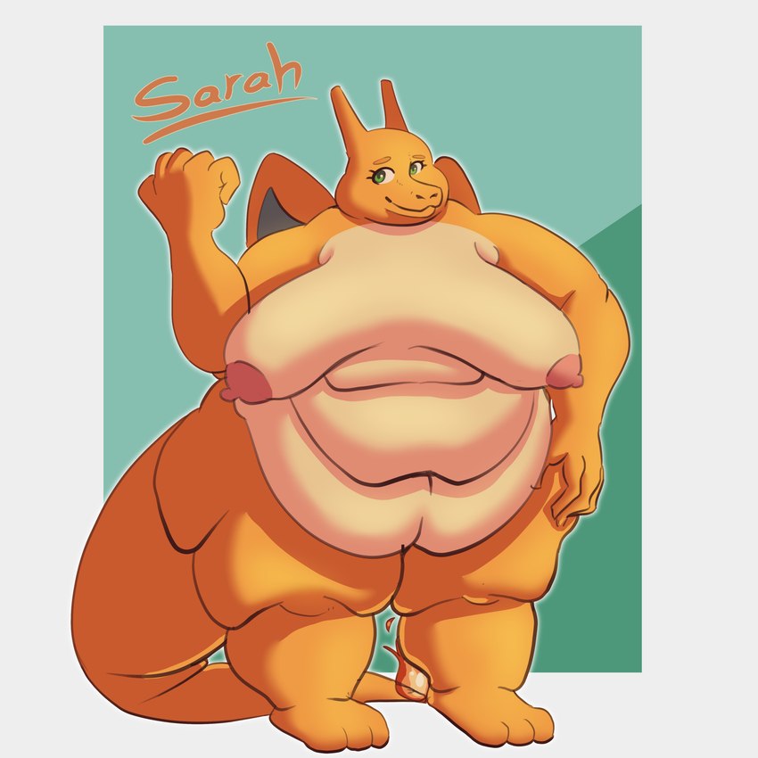 anthro belly belly_overhang big_belly big_breasts breasts countershading fat_arms female fire horn nude obese obese_female orange_body orange_scales overweight overweight_female pokemorph scales solo thick_thighs weight_gain wide_hips wings luminared nintendo pokemon charizard generation_1_pokemon pokemon_(species) 1:1 absurd_res hi_res