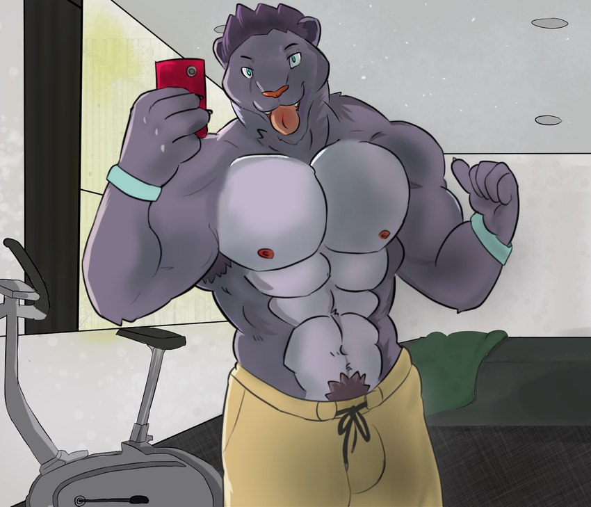 abs anthro athletic_wear biceps bottomwear clothing gym gym_bottomwear gym_shorts male muscular muscular_male nipples open_mouth open_smile pecs shorts smile solo tongue tongue_out fongu panthera hi_res