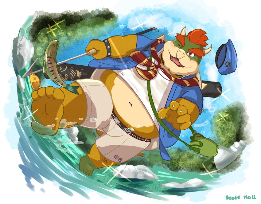 anthro belly bottomwear clothing cosplay fishing hair horn male navel one_eye_closed overweight overweight_male red_hair shorts solo spearfishing wink scott_ahall lifewonders mario_bros nintendo tokyo_afterschool_summoners bowser moritaka_(tas) fish koopa marine scalie