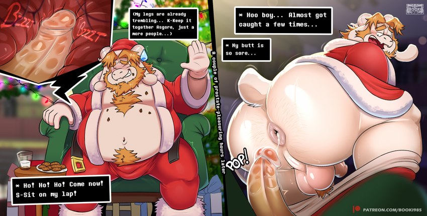 anal anal_masturbation anal_penetration anthro anus ball_tuft balls beard belly big_belly big_butt blonde_hair bodily_fluids body_hair bottomwear bottomwear_down bulge butt butt_hair candy chocolate chocolate_chip_cookie chocolate_chips christmas_clothing christmas_headwear clothed clothing container cookie costume cum cum_in_ass cum_inside dessert dialogue dildo dildo_in_ass dildo_insertion dildo_sitting dildo_vibrator eyes_closed facial_hair food genital_fluids genitals glass glass_container glass_of_milk hair hat headgear headwear hidden_sex_toy holidays horn huge_butt internal long_ears male masturbation mature_male milk milk_container object_in_ass overweight overweight_anthro overweight_male pants pants_down partially_clothed penetration penis plate santa_costume santa_hat sex_toy sex_toy_in_ass sex_toy_insertion smile solo text text_box tuft vibrator white_body el_booki christmas undertale_(series) asgore_dreemurr santa_claus boss_monster_(undertale) bovid caprine goat mammal english_text hi_res url