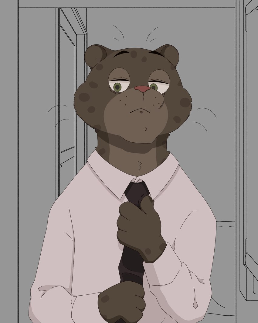 4_fingers adjusting adjusting_tie anthro black_body black_ears black_face black_fur black_neck black_tie_(suit) ceiling claws clothed clothing collarbone door eyebrows fingers floor fur grabbing green_eyes grey_body grey_eyelids grey_fur half-closed_eyes holding_object male markings melanistic mouth_closed narrowed_eyes necktie opposable_thumbs pupils raised_eyebrows red_nose shirt simple_background solo spots spotted_markings standing suit topwear wall_(structure) white_clothing white_shirt white_topwear oonekoh disney zootopia renato_manchas felid jaguar mammal pantherine 2020 absurd_res digital_media_(artwork) hi_res