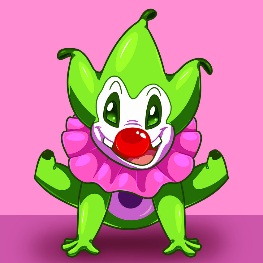 4_fingers ambiguous_gender buckteeth clown fingers green_body green_eyes jester looking_at_viewer open_mouth open_smile pink_background red_nose ruff_(clothing) simple_background smile solo teeth pyreball disney lilo_and_stitch elastico alien experiment_(lilo_and_stitch) 1:1 2020 digital_drawing_(artwork) digital_media_(artwork)