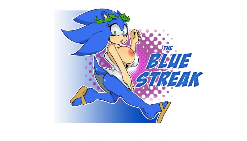 anthro big_breasts blue_body breasts clothing crossgender female footwear one_breast_out sandals shoes solo toga missphase sega sonic_the_hedgehog_(series) sonic_the_hedgehog eulipotyphlan hedgehog mammal hi_res