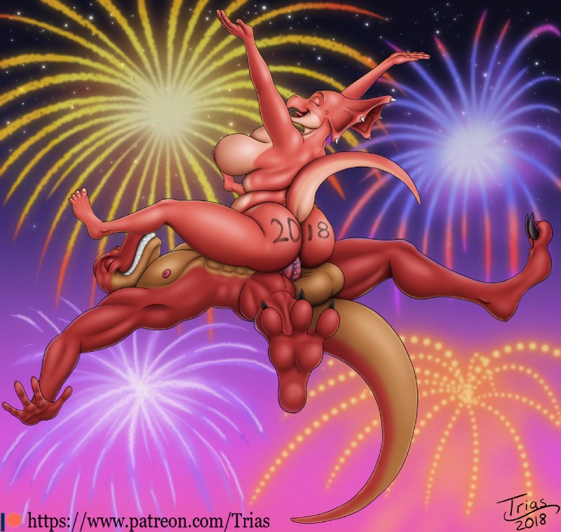 anthro balls big_balls big_breasts breasts cowgirl_position curvy_figure duo eyelashes female female_on_top female_penetrated fireworks from_front_position genitals male male/female male_on_bottom male_penetrating male_penetrating_female muscular nipples non-mammal_balls non-mammal_breasts non-mammal_nipples on_bottom on_top overweight penetration penile penile_penetration penis_in_pussy piercing predator/prey sex slightly_chubby tail text vaginal vaginal_penetration voluptuous trias dinosaurs_inc. jack_the_t-rex_(trias) venus_(trias) ceratopsian dinosaur hybrid ornithischian prehistoric_species protoceratops reptile scalie theropod triceratops tyrannosaurid tyrannosauroid tyrannosaurus tyrannosaurus_rex 2018 hi_res url