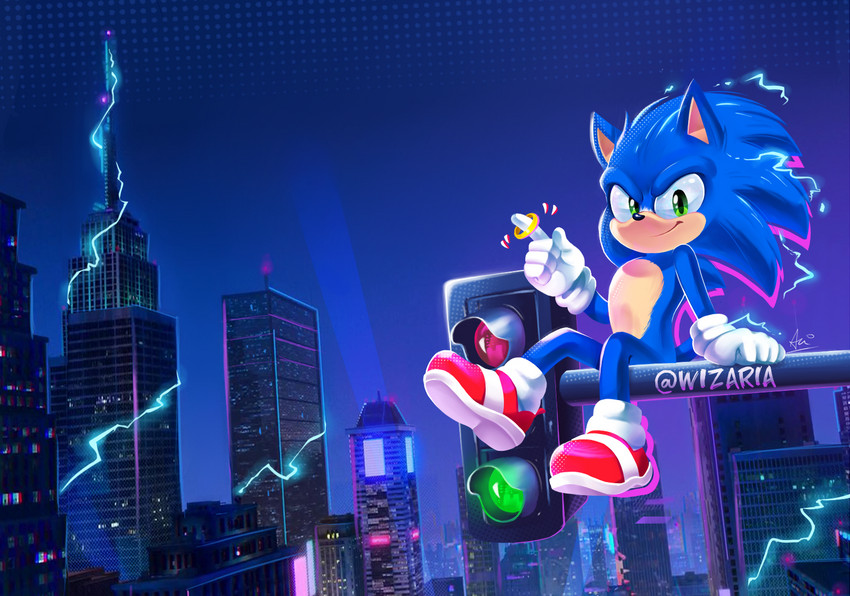 anthro blue_body blue_fur building city clothing detailed_background electricity footwear fur gloves green_eyes handwear holding_object male night shoes sitting skyscraper smile solo tan_body tan_fur traffic_light wizaria sega sonic_the_hedgehog_(series) sonic_the_hedgehog eulipotyphlan hedgehog mammal 2020 digital_drawing_(artwork) digital_media_(artwork) signature