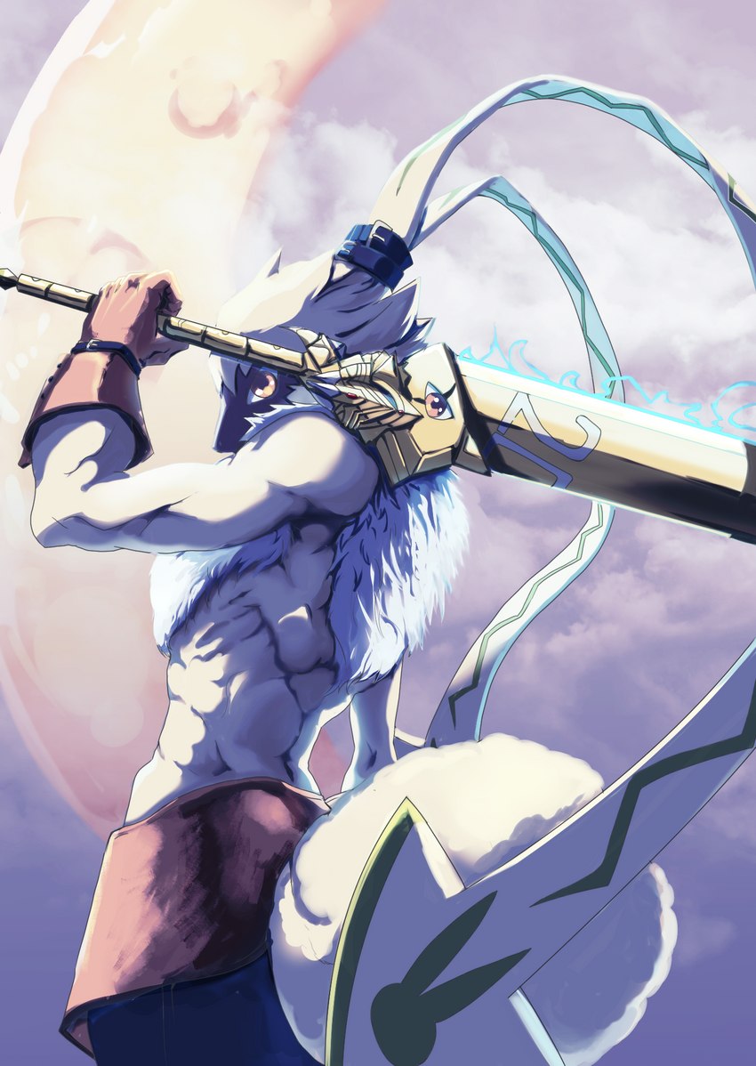 anthro bottomwear clothing fur gloves handwear katana long_ears male melee_weapon moon muscular muscular_anthro muscular_male pants ponytail_ears shirtless small_waist solo sword weapon yellow_body yellow_fur huti bandai_namco digimon digimon_ghost_game digimon_(species) lagomorph leporid mammal rabbit symbareangoramon zubamon hi_res