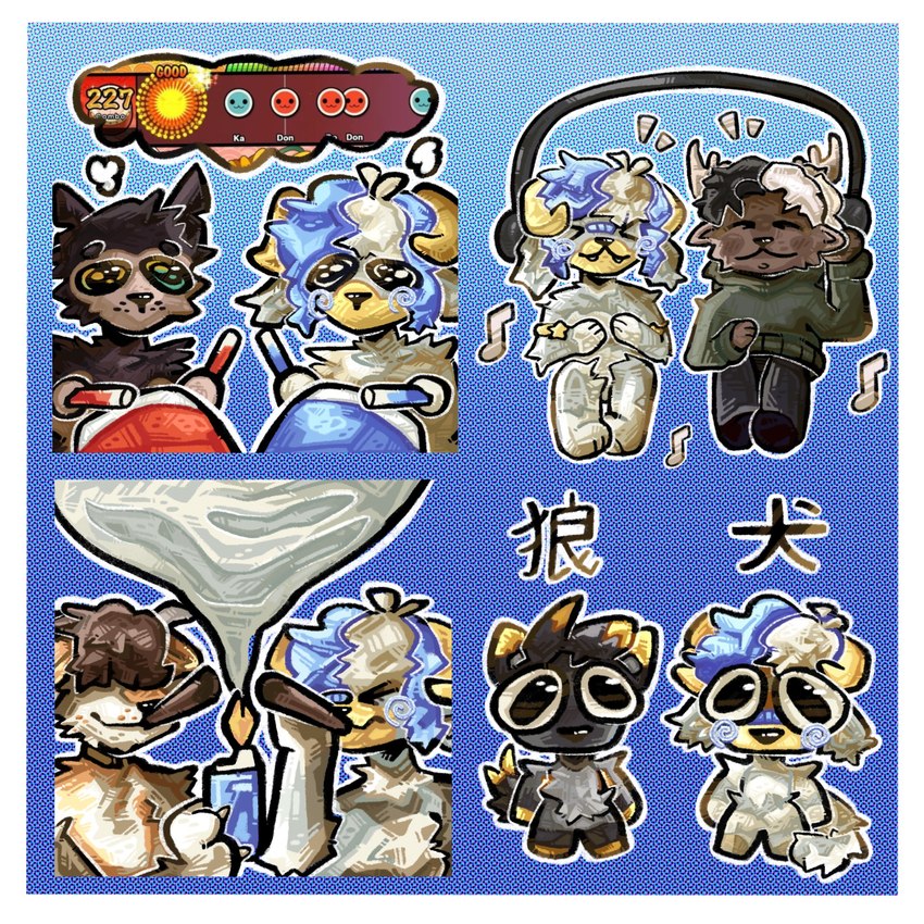 anthro border chibi drugs electronics group headphones male marijuana smile sticker sticker_pack stickerset text white_border olifawn taiko_no_tatsujin oli_(olifawn) bovid canid canine canis caprine deer domestic_dog herding_dog mammal pastoral_dog sheep sheepdog 1:1 hi_res japanese_text