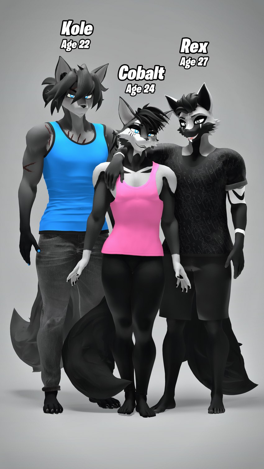 anthro black_body black_fur blue_eyes cobalt_(daloaf) femboy fur group hair male markings ponytail rex_(daloaf) scar scars_all_over tattoo trio conditional_dnp domibun kole_(domibun) canid canine canis mammal wolf 3d_(artwork) absurd_res digital_media_(artwork) hi_res source_filmmaker_(artwork) brother_(lore) brothers_(lore) sibling_(lore)