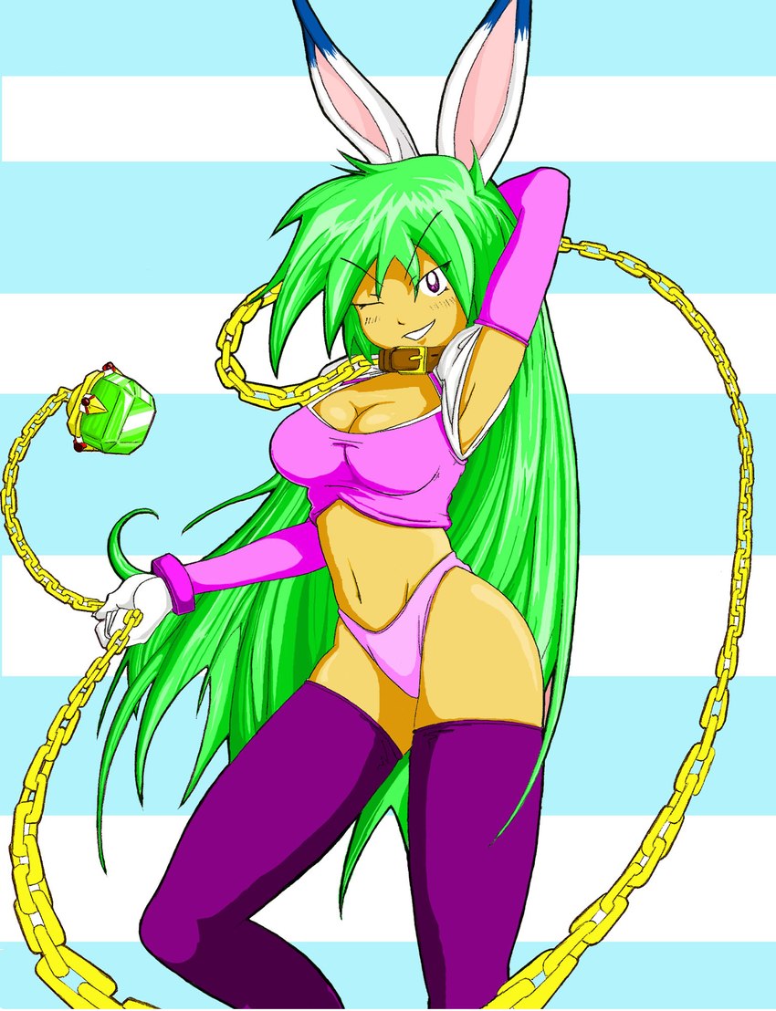 anime_style anthro blue_ears breasts brown_collar chain cleavage clothed clothing collar dipstick_ears ear_markings eyebrow_through_hair eyebrows female gem green_gem green_hair grin hair hand_behind_head legwear long_hair multicolored_ears one_eye_closed panties pink_clothing pink_inner_ear pink_panties pink_underwear pose purple_clothing purple_eyes purple_legwear purple_thigh_highs smile solo straight_hair teeth thigh_highs translucent translucent_hair two_tone_ears underwear white_ears wink jaimer puchi_carat peridot_(puchi_carat) animal_humanoid humanoid lagomorph lagomorph_humanoid leporid_humanoid mammal mammal_humanoid rabbit_humanoid 2007 hi_res pinup portrait three-quarter_portrait