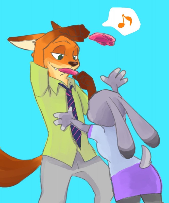 anthro blue_background bottomwear clothed clothing duo eating food fully_clothed fur gloves_(marking) grey_body grey_fur holding_food holding_object markings musical_note musical_symbol necktie orange_body orange_fur pants pawpsicle popsicle reaching shirt simple_background symbol topwear m_it disney zootopia judy_hopps nick_wilde canid canine fox lagomorph leporid mammal rabbit red_fox true_fox 2018 5:6 hi_res