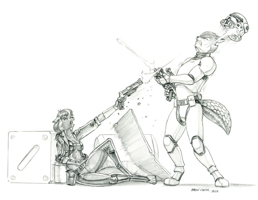 anthro armor blaster breasts clothing duo eyes_closed female gun headgear helmet jacket male open_mouth ranged_weapon sitting topwear weapon baron_engel star_wars stormtrooper canid canine fox mammal 2022 graphite_(artwork) greyscale monochrome story story_in_description traditional_media_(artwork)