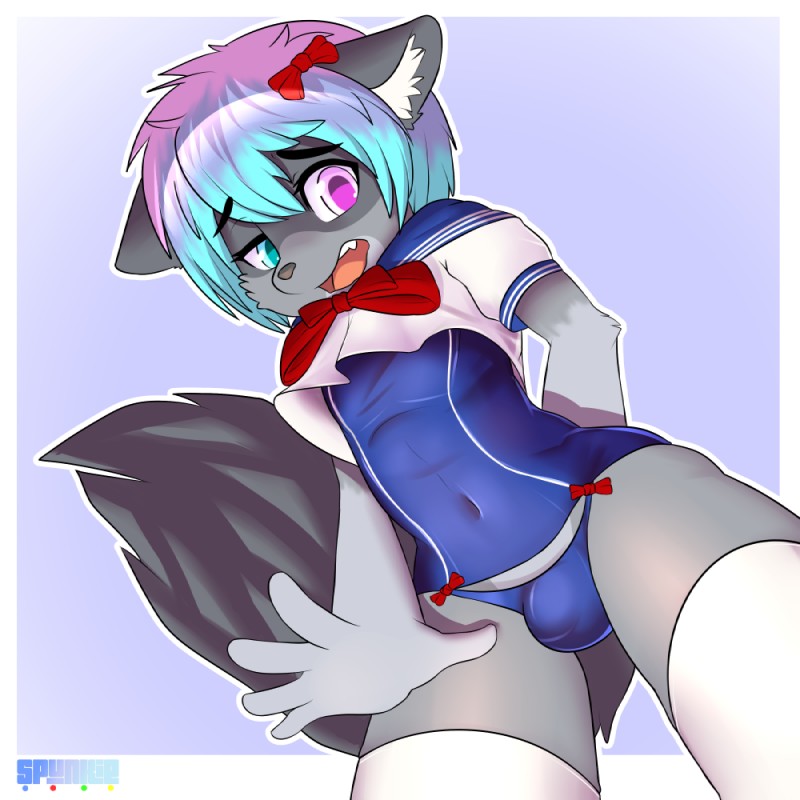 anthro blue_eyes blue_hair border bulge clothed clothing crossdressing detailed_bulge embarrassed eyebrows femboy fur genital_outline grey_body grey_fur hair hand_behind_back heterochromia inner_ear_fluff legwear logo looking_at_viewer low-angle_view male multicolored_hair navel open_mouth penis_outline pink_background pink_eyes pink_hair ribbons school_uniform simple_background slim solo teeth thick_eyebrows thigh_highs tight_clothing tuft uniform white_border young young_anthro young_male spunkie alexis_(breathoftime) canid canine canis mammal wolf 1:1 signature