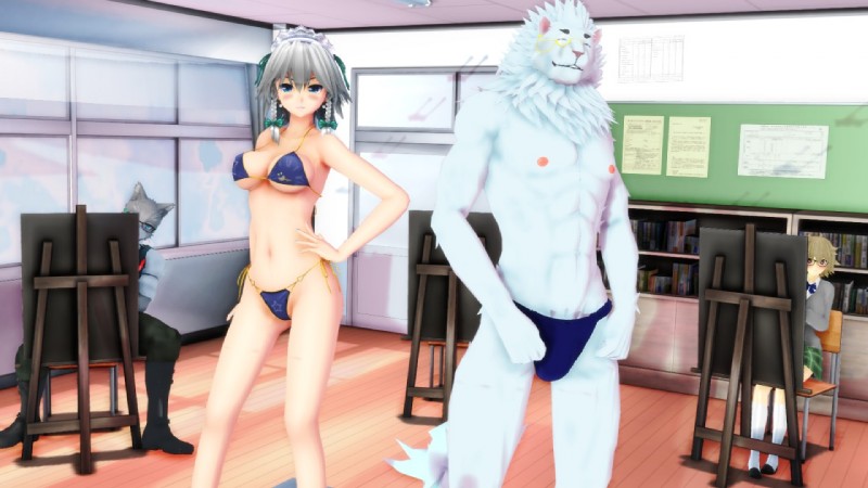 abs anthro art_class bikini blue_eyes blush breasts clothing creating_art eyewear female fur grey_hair hair kemono male mane modelling monocle muscular muscular_male nipples pecs pose speedo swimwear two-piece_swimsuit white_body white_fur malicekira lifewonders tokyo_afterschool_summoners touhou sakuya_izayoi snow_(tas) felid human lion mammal pantherine 16:9 2019 3d_(artwork) digital_media_(artwork) widescreen