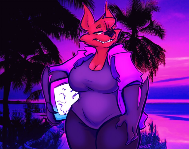 anthro big_breasts black_nose breasts clothed clothing crossgender detailed_background eyebrows female fur grin hoodie one_eye_closed red_body red_fur shirt smile solo synthwave topwear youtuber shout_(artist) pyrocynical canid canine fox mammal 2016 digital_media_(artwork)