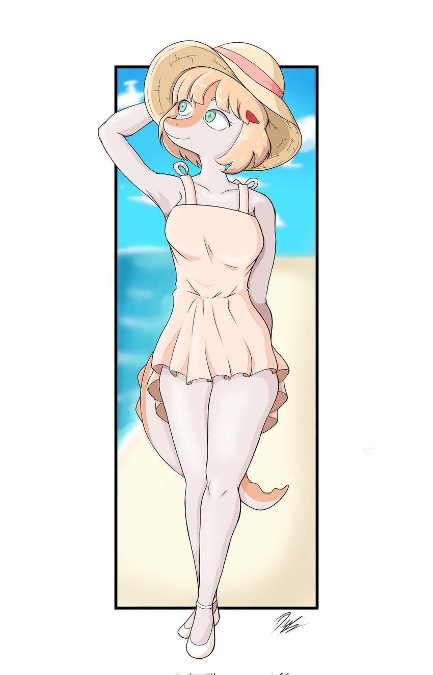 anthro beach blonde_hair border clothing detailed_background dress female hair hand_behind_head hat headgear headwear long_tail multicolored_body multicolored_scales orange_body orange_scales outside pink_body pink_scales scales sea seaside short_hair smile snout solo spiked_tail spikes spikes_(anatomy) sun_hat tail teal_eyes two_tone_body two_tone_scales water white_border diegochirinos20 cavemanon_studios goodbye_volcano_high snoot_game naomi_(gvh) dinosaur hadrosaurid ornithischian ornithopod parasaurolophus prehistoric_species reptile scalie 2024 digital_drawing_(artwork) digital_media_(artwork) hi_res signature