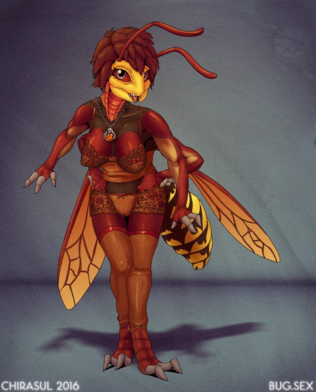 4_arms antennae_(anatomy) anthro arthropod_abdomen biped breasts clothing female hair insect_wings jewelry legwear lingerie looking_at_viewer mandibles multi_arm multi_limb necklace non-mammal_breasts open_mouth panties pendant shadow simple_background solo standing stockings teeth tongue underwear wings chirasul arthropod european_hornet hornet hymenopteran insect vespid wasp 2016 digital_media_(artwork) full-length_portrait hi_res portrait watermark