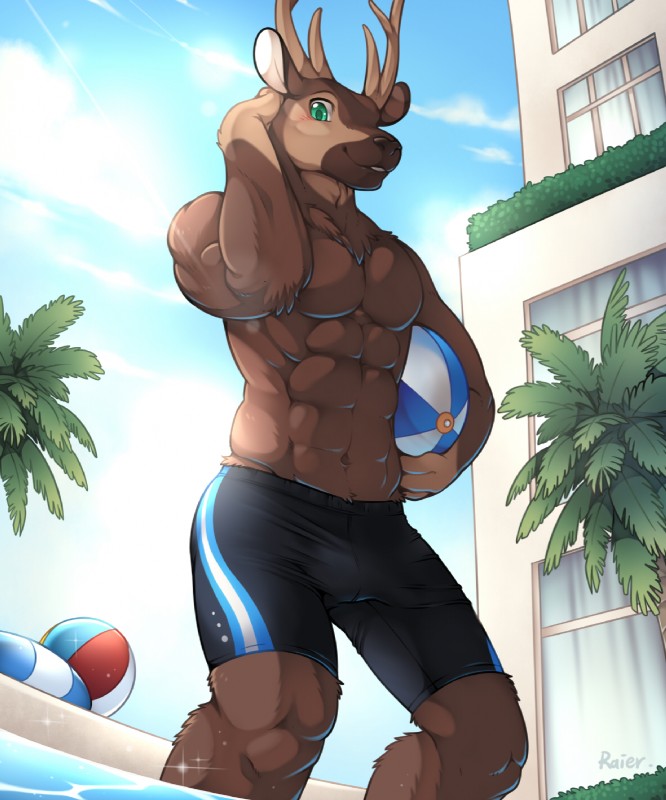 abs antlers ball blush brown_body brown_fur bulge clothed clothing fur green_eyes hand_on_head horn looking_at_viewer low-angle_view male muscular muscular_male navel outside palm_tree plant skintight_clothing smile solo swimming_pool swimwear tight_clothing topless tree water unrealplace deer mammal 2018 hi_res signature