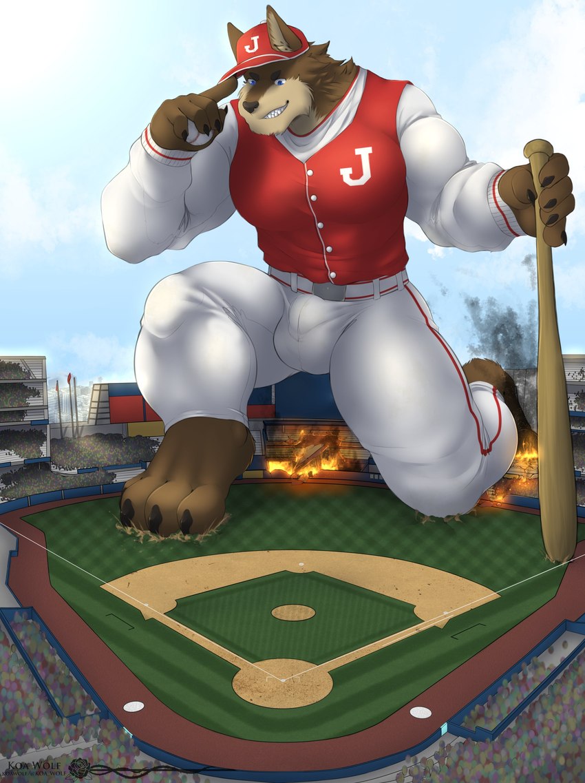 anthro balls_outline baseball_(sport) baseball_bat bat_(object) belt bottomwear building bulge burning_building clothing cloud countershading crowd destruction detailed_bulge dirt extreme_size_difference fire genital_outline grass group looking_down macro male pants plant red_clothing red_topwear size_difference sky sleeves solo_focus sport sports_uniform stadium tipping_hat topwear uniform white_bottomwear white_clothing white_pants koa_wolf jarvis_greatwolf canid canine canis mammal wolf 2021 absurd_res hi_res