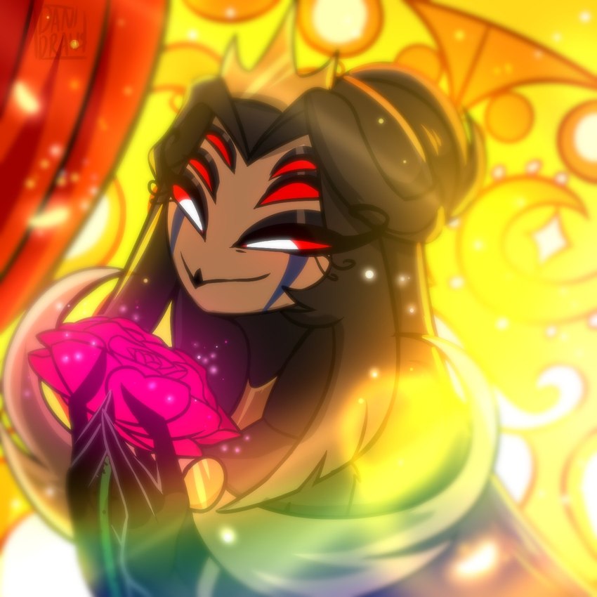 anthro bright_light crown detailed_background female flower glowing hair headgear holding_flower holding_object holding_rose long_hair plant red_eyes rose_(flower) solo vibrant_background danidrawsandstuff teathekook helluva_boss queen_octavia_(teathekook) avian bird owl owl_demon 1:1 hi_res