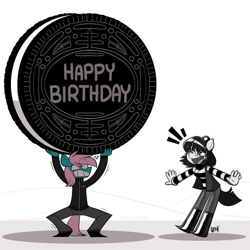 anthro clothing cookie duo female food happy happy_birthday male mime star_eyes wingding_eyes lettuce_(artist) hasbro my_little_pony oreo_cookie cid_(oc) fan_character izzy_(asdfr123456) equid equine horse mammal pony 1:1 absurd_res hi_res