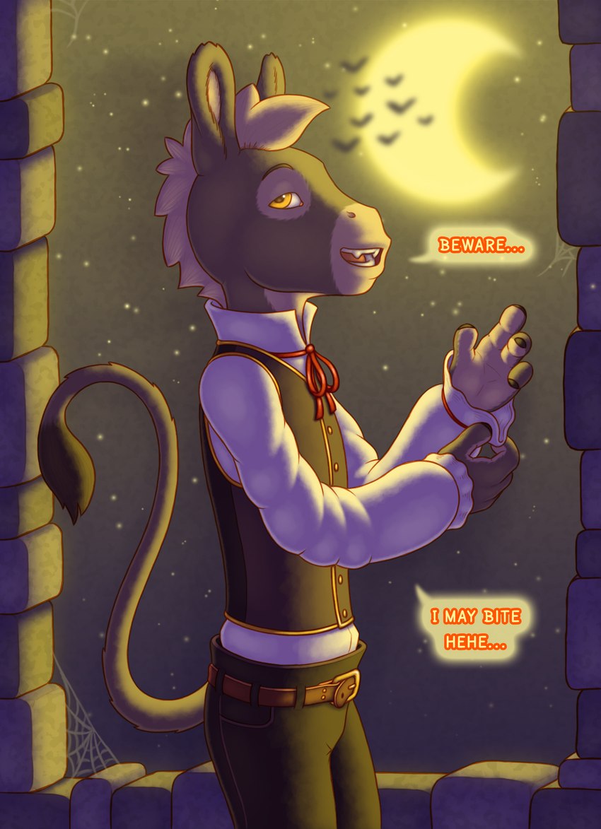 anthro clothing dialogue holidays light male moonlight sky solo speech_bubble text chokodonkey conditional_dnp halloween choko_(chokodonkey) asinus donkey equid equine mammal vampire english_text hi_res