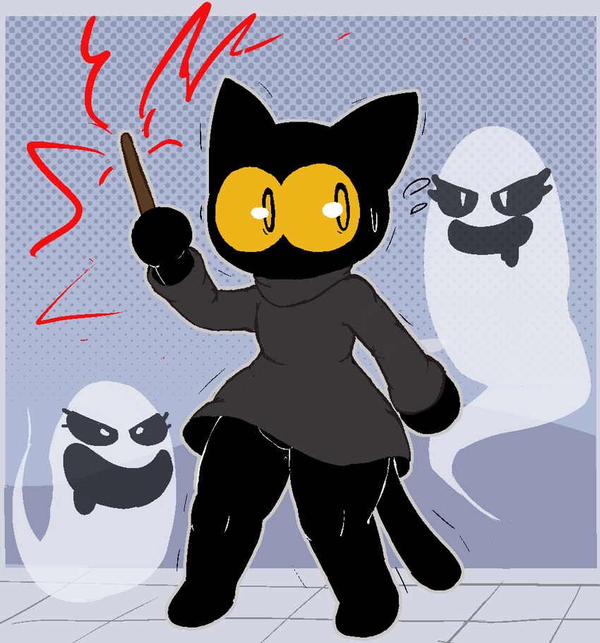 anthro black_body black_ears black_eyes black_fur black_mouth black_sclera black_tail clothing dark_body dark_ears dark_fur dark_tail dotted_background eyelashes female female_anthro floor fur ghost_tail grey_clothing grey_robe group holding_object holding_wand looking_aside looking_at_another magic_wand open_mouth open_smile pattern_background robe simple_background smile standing tail translucent translucent_body trio wand white_eyes lizardfungus google google_doodle magic_cat_academy momo_(google) domestic_cat felid feline felis ghost mammal spirit 2024 digital_drawing_(artwork) digital_media_(artwork)