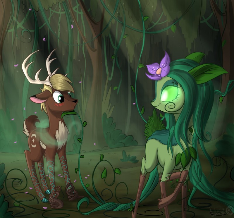 antlers blush bound brown_body brown_fur detailed_background duo empty_eyes eye_contact female feral flower forest fur glowing glowing_eyes green_body green_eyes green_fur green_hair hair hooves horn leaf looking_at_another male outside petals plant roots swirl_pattern tree vines sirzi hasbro my_little_pony cervyderia_deer deer dryad elemental_creature flora_fauna mammal nature_spirit hi_res