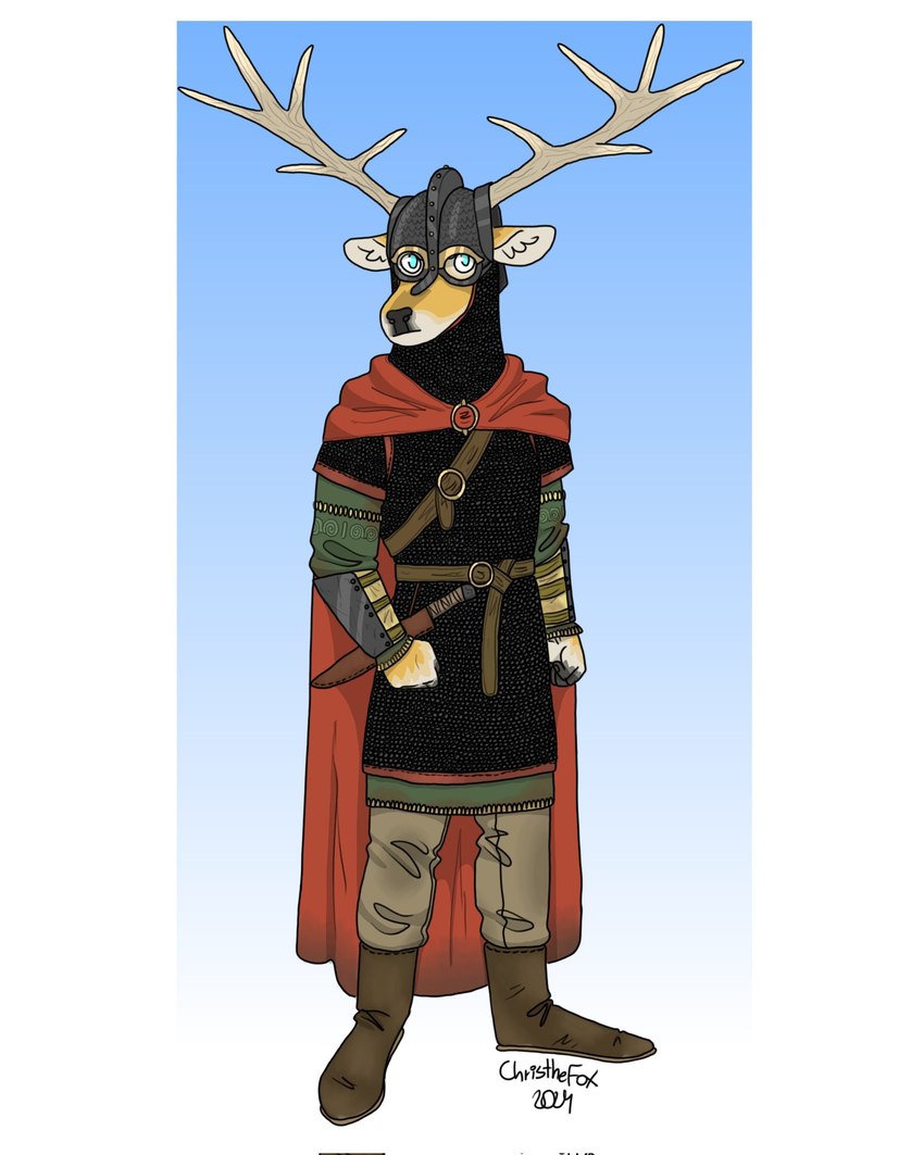 anthro antlers blue_eyes boots cape clothing ears_outwards fist footwear horn looking_at_viewer male pivoted_ears red_cape red_clothing shoes solo viking bartek22 deer mammal 2024 4:5 hi_res