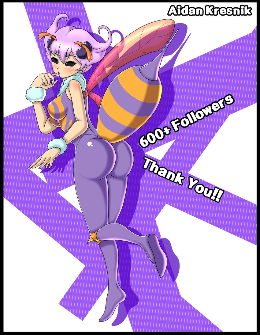 antennae_(anatomy) arthropod_abdomen bee_sting black_sclera blush breasts butt clothing female hair insect_wings looking_at_viewer looking_back medium_breasts neck_tuft purple_hair rear_view short_hair solo text tight_clothing tuft wings wrist_fluff aidan_kresnik capcom darkstalkers q-bee animal_humanoid arthropod arthropod_humanoid bee_humanoid humanoid hymenopteran hymenopteran_humanoid insect insect_humanoid 2021 english_text hi_res milestone_celebration signature