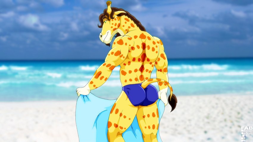 anthro beach biped blue_clothing blue_speedo blue_swimwear blue_towel blurred_background brown_hair brown_mane brown_tail_tuft butt closed_smile clothed clothing day fur fur_markings furgonomic_swimwear furgonomics green_eyes hair holding_object holding_towel horn male mane markings mouth_closed multicolored_body multicolored_fur muscular muscular_anthro muscular_male ossicone outside rear_view sand sky smile solo speedo speedo_only spots spotted_body spotted_fur standing swimwear tail tail_tuft topless towel tuft water white_body white_fur yellow_body yellow_fur fabfelipe giraffe giraffid mammal 2011