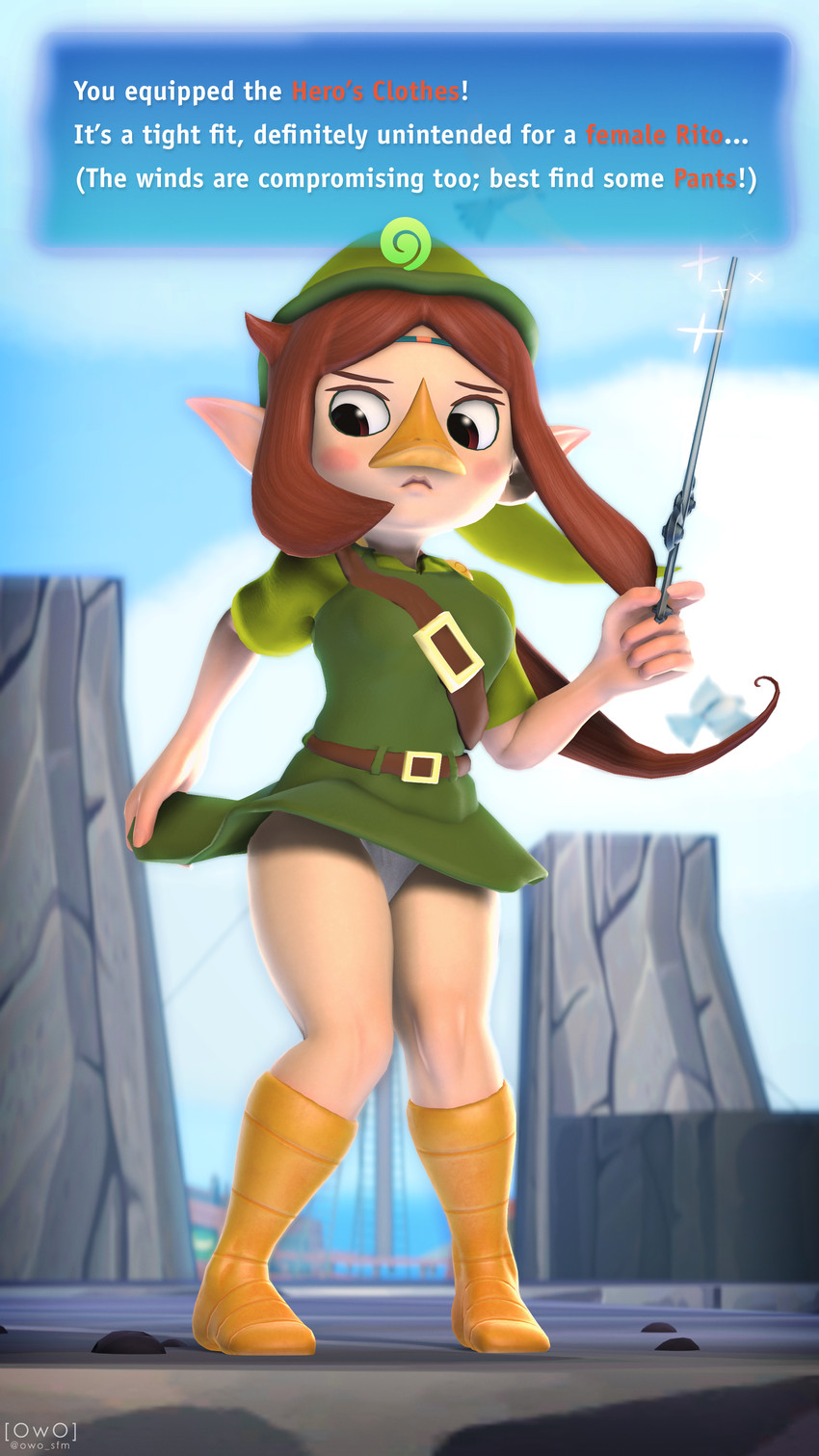 accessory aged_up alternate_universe avian_feet beak bottomwear breasts clothed clothing cosplay day female gameplay_mechanics hair headband humanoid_pointy_ears knock-kneed long_hair non-mammal_breasts nose_beak panties pointy_ears ponytail red_eyes skirt solo text underwear unimpressed upskirt wide_hips wind_waker_(object) owo_sfm nintendo the_legend_of_zelda wind_waker medli animal_humanoid avian avian_humanoid bird humanoid rito rito_humanoid 3d_(artwork) 4k 9:16 absurd_res digital_media_(artwork) english_text hi_res source_filmmaker_(artwork)