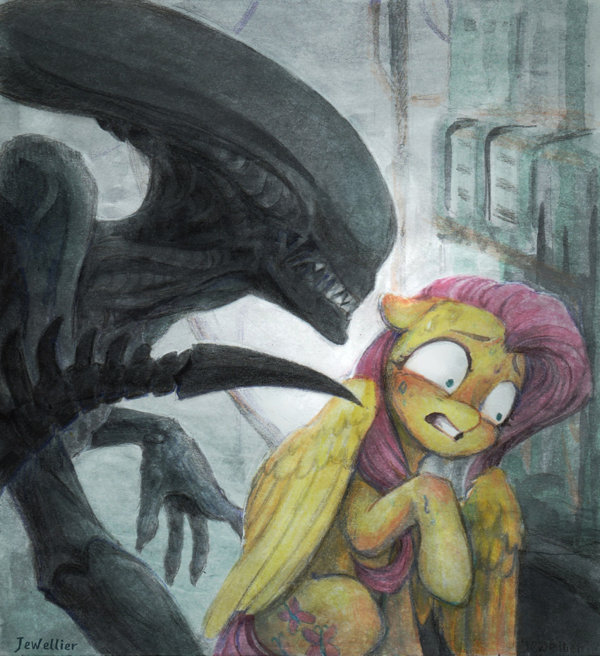 ambiguous_gender clenched_teeth constricted_pupils cutie_mark duo feral looking_away male peril pupils raised_wings scared small_pupils teeth wall_(structure) wings jewellier_(artist) alien_(franchise) friendship_is_magic hasbro my_little_pony mythology fluttershy_(mlp) alien equid equine mammal mythological_creature mythological_equine pegasus xenomorph 2020 hi_res