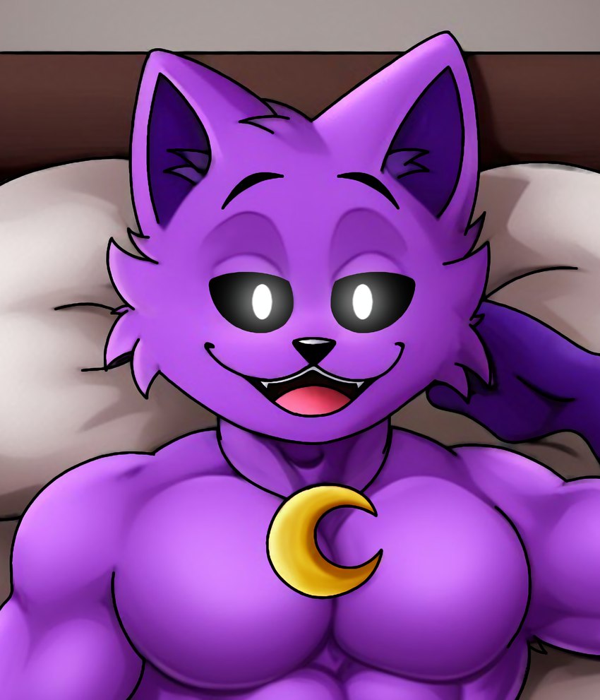 anthro bed bedroom bedroom_eyes biceps black_eyebrows black_sclera eyebrows fur furniture head_tuft inner_ear_fluff jewelry looking_at_viewer lying lying_on_bed male moon_necklace muscular muscular_anthro muscular_male narrowed_eyes necklace on_bed open_mouth pecs pillow purple_body purple_fur seductive smile smiling_at_viewer solo teeth_showing tuft white_eyes rjquaty mob_entertainment poppy_playtime smiling_critters catnap_(poppy_playtime) domestic_cat felid feline felis mammal hi_res