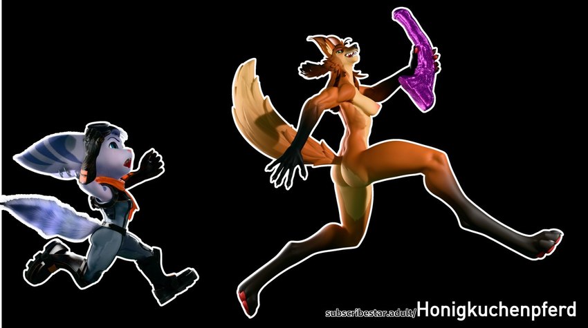 animal_dildo animal_sex_toy anthro athletic breasts chasing clothing dildo duo equine_dildo female fist frown green_eyes long_ears long_legs nipples nude prank purple_dildo raised_tail running sex_toy simple_background size_difference smile tail honigkuchenpferd ratchet_and_clank sony_corporation sony_interactive_entertainment athena_(dayumboai) rivet_(ratchet_and_clank) canid canine lombax mammal maned_wolf 3d_(artwork) digital_media_(artwork)