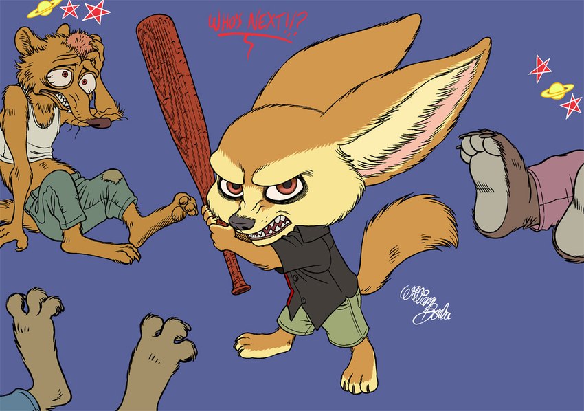 3_toes 4_toes anthro barefoot blue_background bottomwear claws clothed clothing feet group holding_object holding_weapon male on_ground shorts simple_background text toes weapon borba disney zootopia duke_weaselton finnick_(zootopia) canid canine fennec_fox fox mammal mustelid musteline true_fox true_musteline weasel 2019 digital_media_(artwork) english_text signature watermark