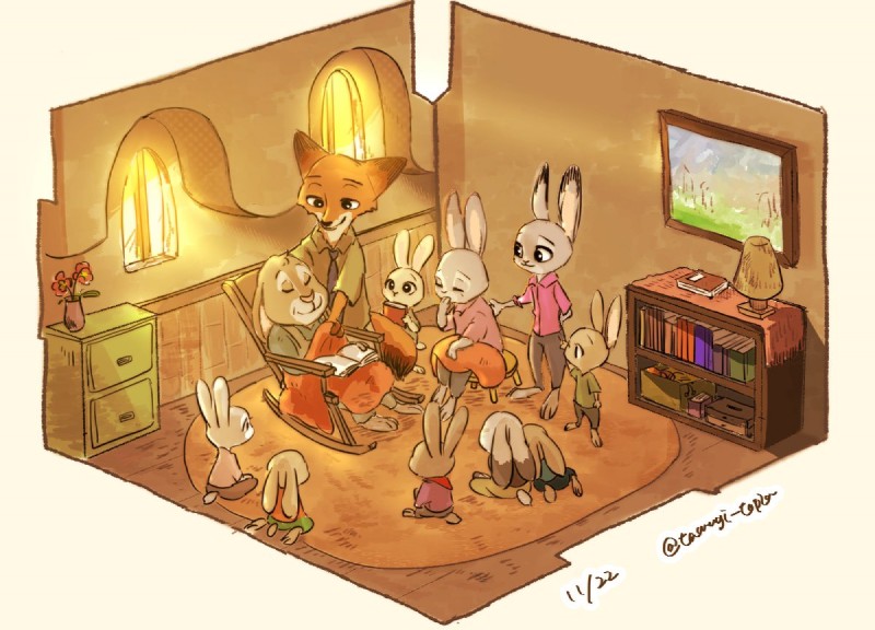 anthro barefoot clothed clothing costume detailed_background feet female fur group inside isometric male mature_anthro mature_female simple_background kabe2mugi tumugi_topia disney zootopia bonnie_hopps judy_hopps nick_wilde canid canine fox lagomorph leporid mammal rabbit red_fox true_fox 2016 signature