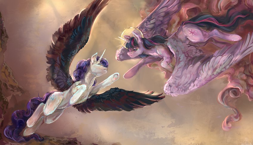 alternate_species cloud detailed_background duo feathered_wings feathers female feral fur halo horn looking_at_another low-angle_view mountain purple_body purple_fur reaching sky spread_wings white_body white_fur wings dedalekha friendship_is_magic hasbro my_little_pony mythology the_creation_of_adam rarity_(mlp) twilight_sparkle_(mlp) equid equine mammal mythological_creature mythological_equine winged_unicorn 2020 absurd_res digital_media_(artwork) digital_painting_(artwork) hi_res inspired_by_formal_art painting_(artwork)