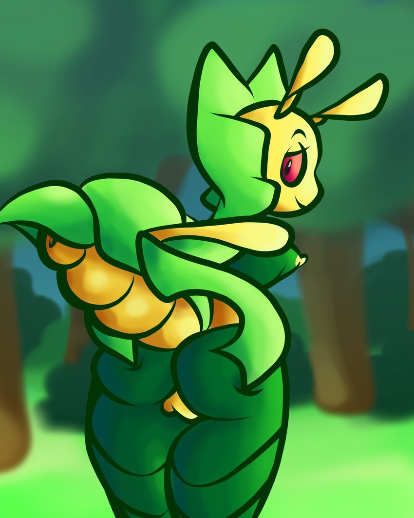 antennae_(anatomy) anthro blade_arm blurred_background breasts butt forest forest_background genitals green_body green_skin looking_back mantis_arms nature nature_background nipples outside plant presenting presenting_hindquarters pussy red_eyes small_breasts solo standing thorax tree yellow_nipples nyabellart nintendo pokemon arthropod generation_5_pokemon insect leavanny mantis pokemon_(species) hi_res